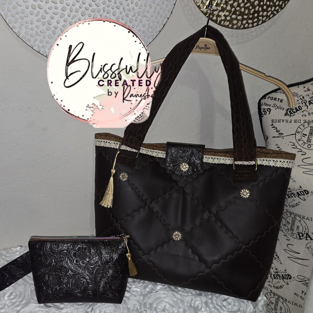 Custom Made Elegant Dark Brown Quilted Tote With 4 Inside Pocket and Pouch Set.